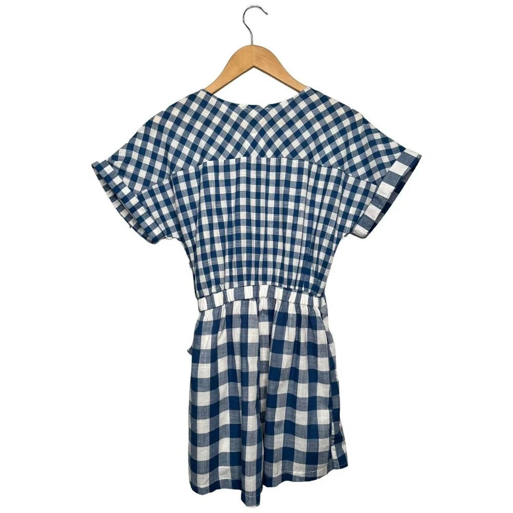 New Mainstrip Gingham V Neck Tie Wrap Front Romper Plaid Blue S - Picture 5 of 15